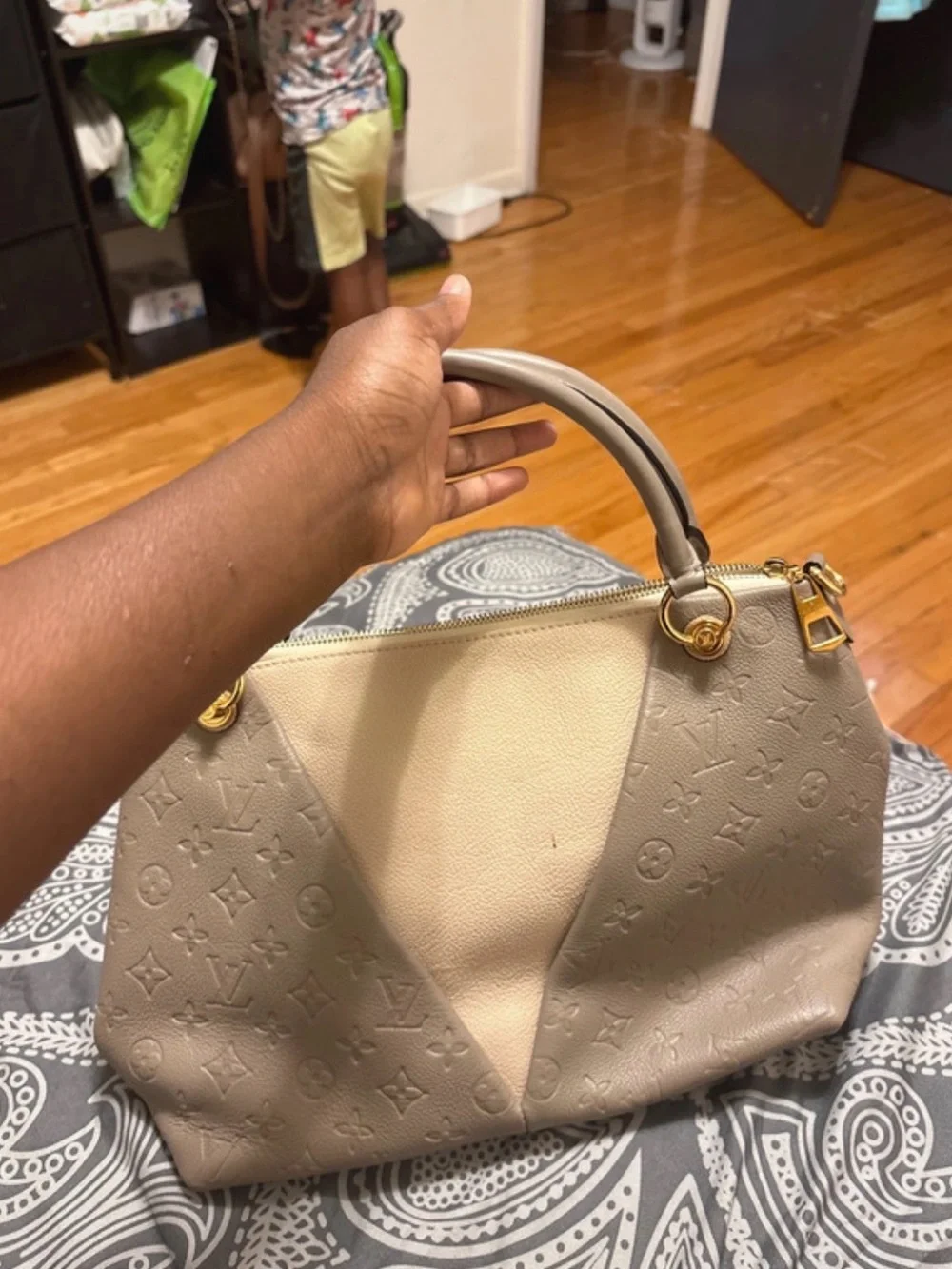 Louis Vuitton Taupe and Cream Embossed Leather Satchel
